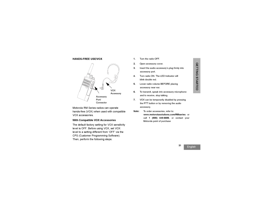 Motorola RMU2040 manual Hands-Free Use/Vox, With Compatible VOX Accessories 