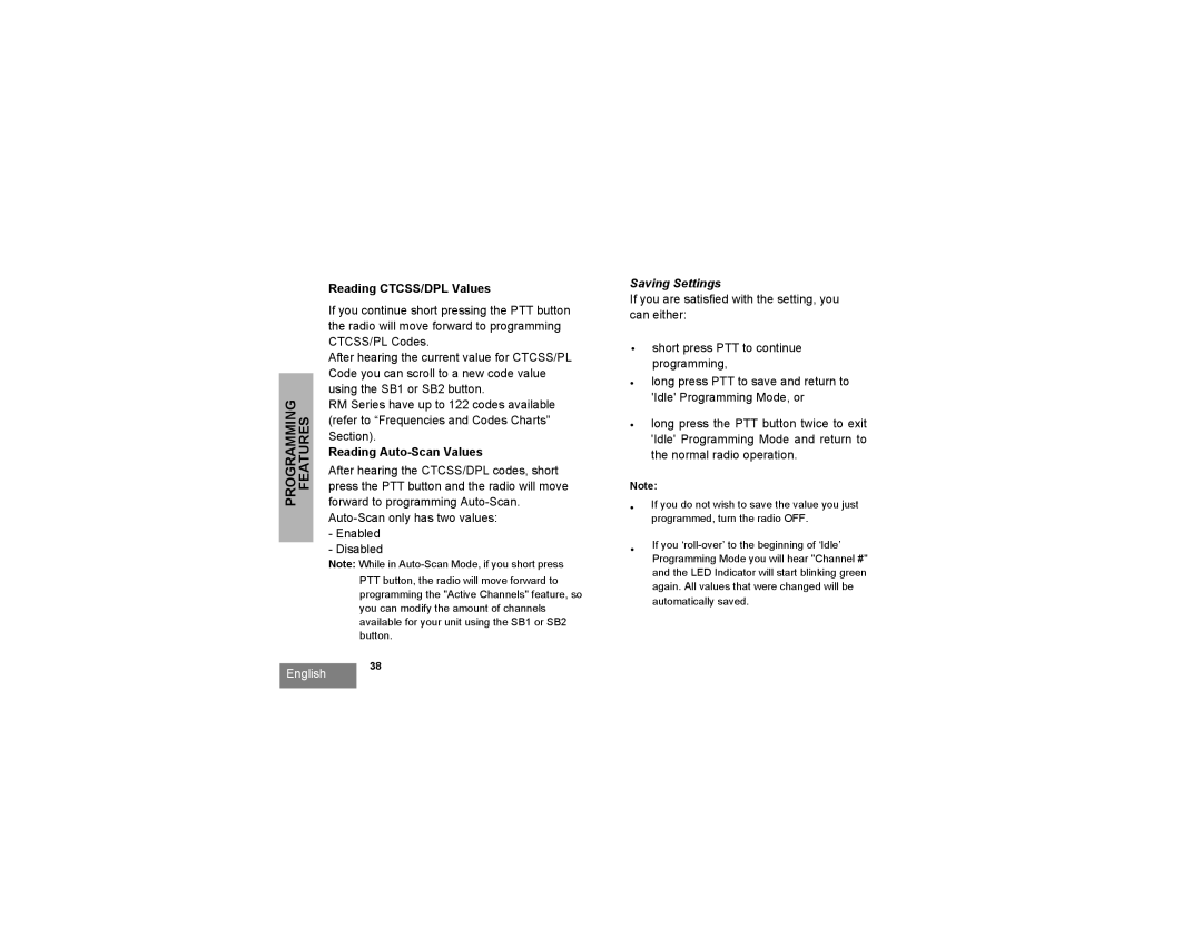 Motorola RMU2040 manual Reading CTCSS/DPL Values, Reading Auto-Scan Values, Saving Settings 