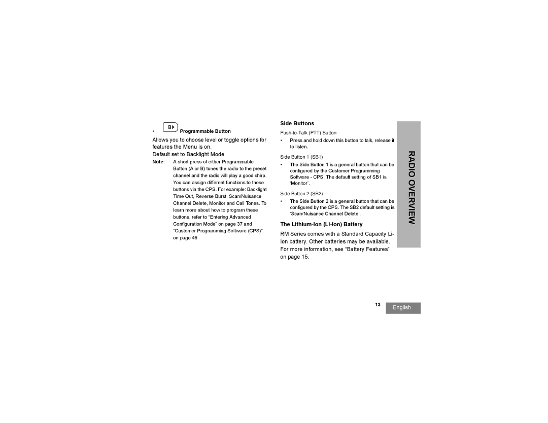 Motorola RMU2080D manual Side Buttons, Lithium-Ion Li-Ion Battery 