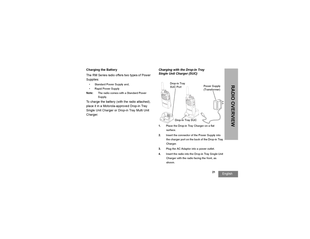 Motorola RMU2080D manual Charging the Battery, Charging with the Drop-in Tray Single Unit Charger SUC 