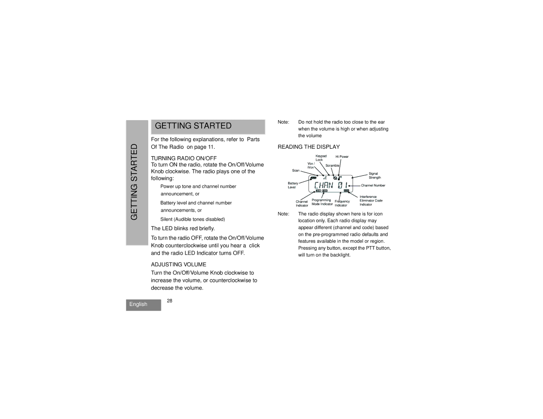 Motorola RMU2080D manual Getting Started, Turning Radio ON/OFF, Reading the Display, Adjusting Volume 