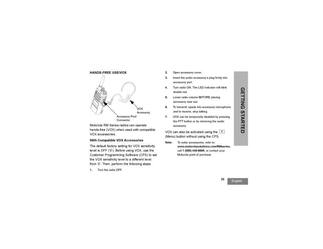 Motorola RMU2080D manual Hands-Free Use/Vox, With Compatible VOX Accessories 