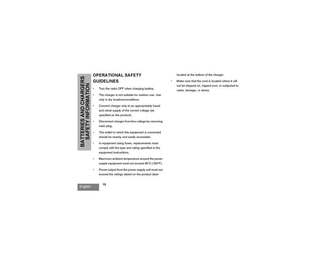 Motorola RMV2080, RMU2080 manual Batteries and Chargers Safety Information 