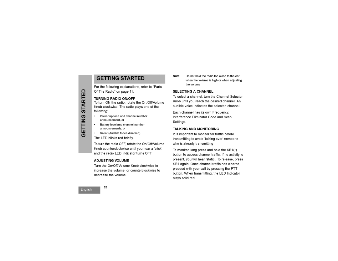 Motorola RMV2080 Getting Started, Turning Radio ON/OFF, Adjusting Volume, Selecting a Channel, Talking and Monitoring 