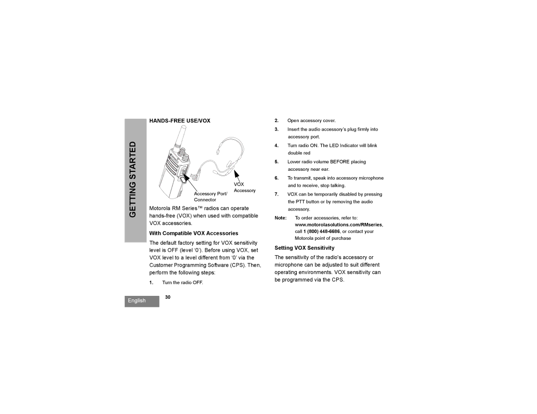 Motorola RMV2080, RMU2080 manual Hands-Free Use/Vox, With Compatible VOX Accessories, Setting VOX Sensitivity 