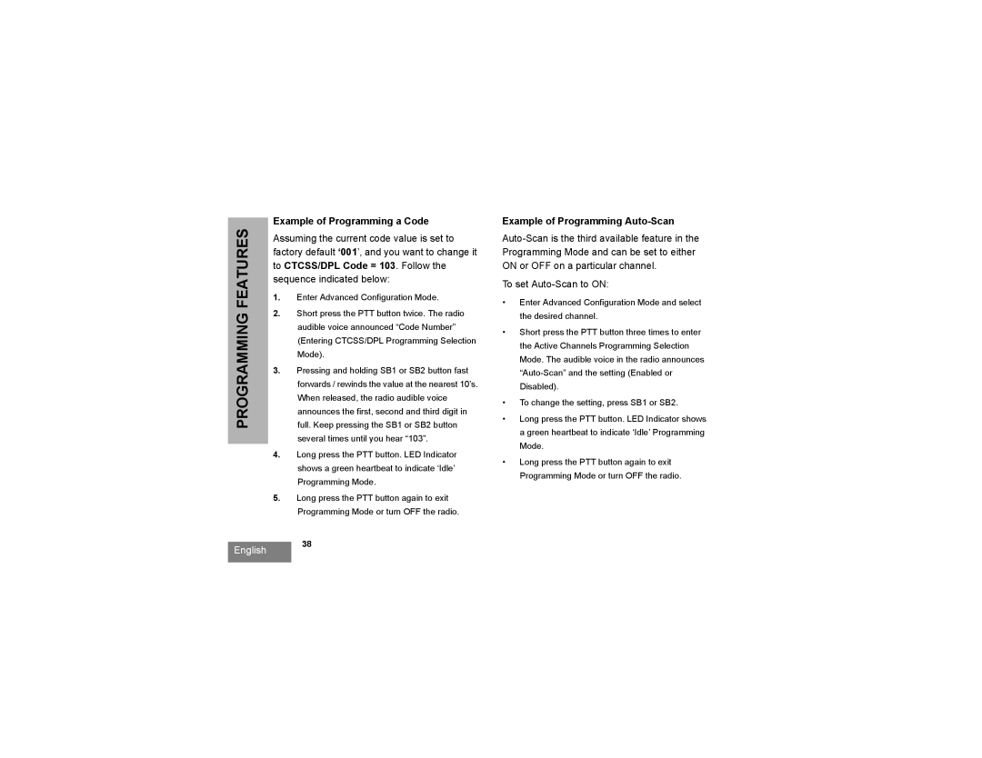 Motorola RMV2080, RMU2080 manual Example of Programming a Code, Example of Programming Auto-Scan 