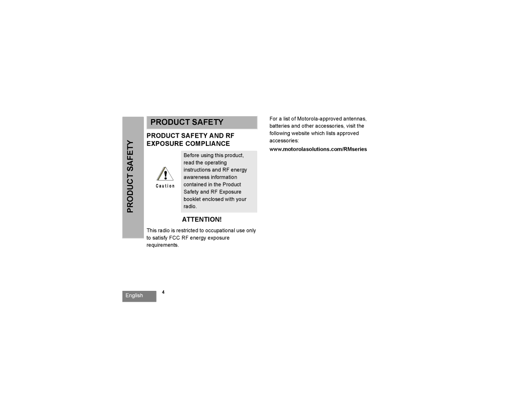 Motorola RMV2080, RMU2080 manual Product Safety and RF Exposure Compliance 