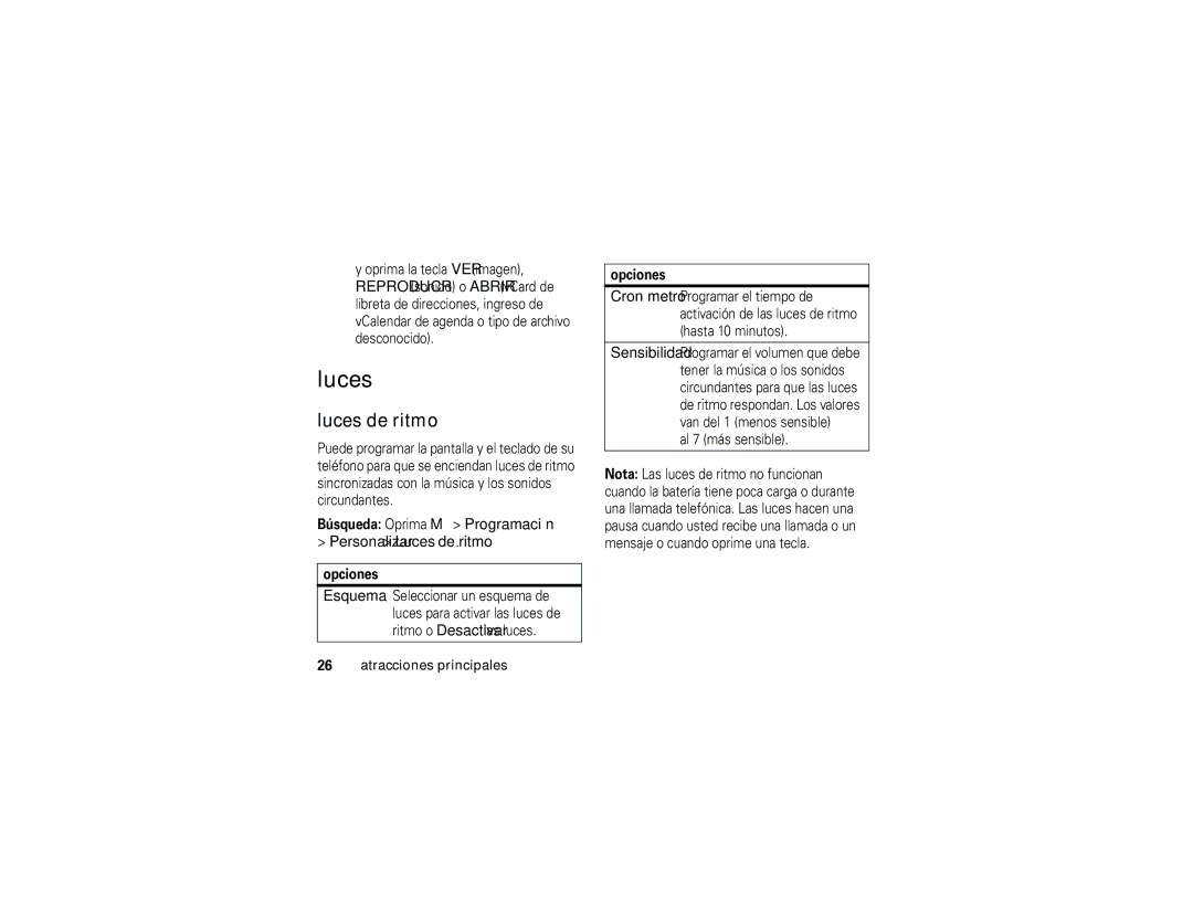 Motorola ROKR E1 user manual Búsqueda Oprima M Programación Personalizar Luces de ritmo, Opciones 