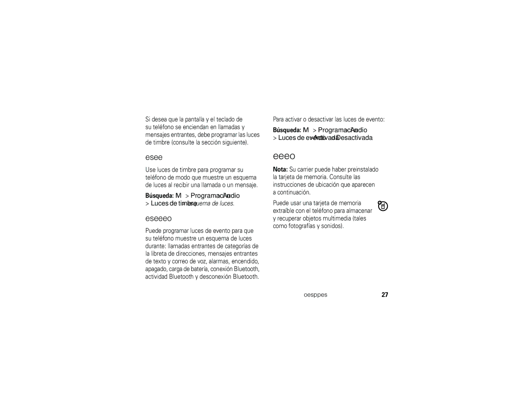 Motorola ROKR E1 user manual Tarjeta de memoria, Luces de timbre, Luces de evento, Búsqueda M Programación Audio 