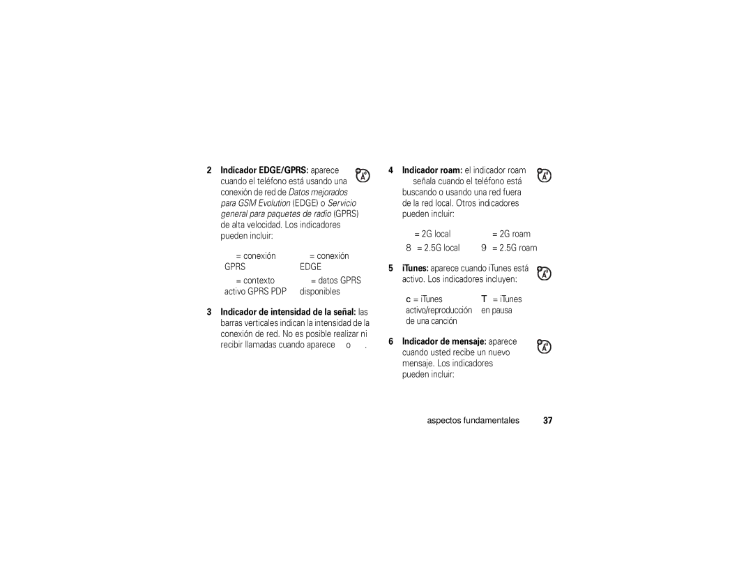 Motorola ROKR E1 user manual Indicador EDGE/GPRS aparece, = contexto = datos Gprs Activo Gprs PDP Disponibles 