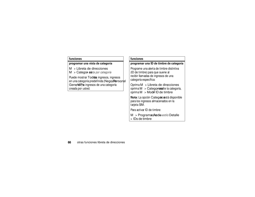 Motorola ROKR E1 user manual Oprima M Libreta de direcciones, Funciones Programar una vista de categoría 