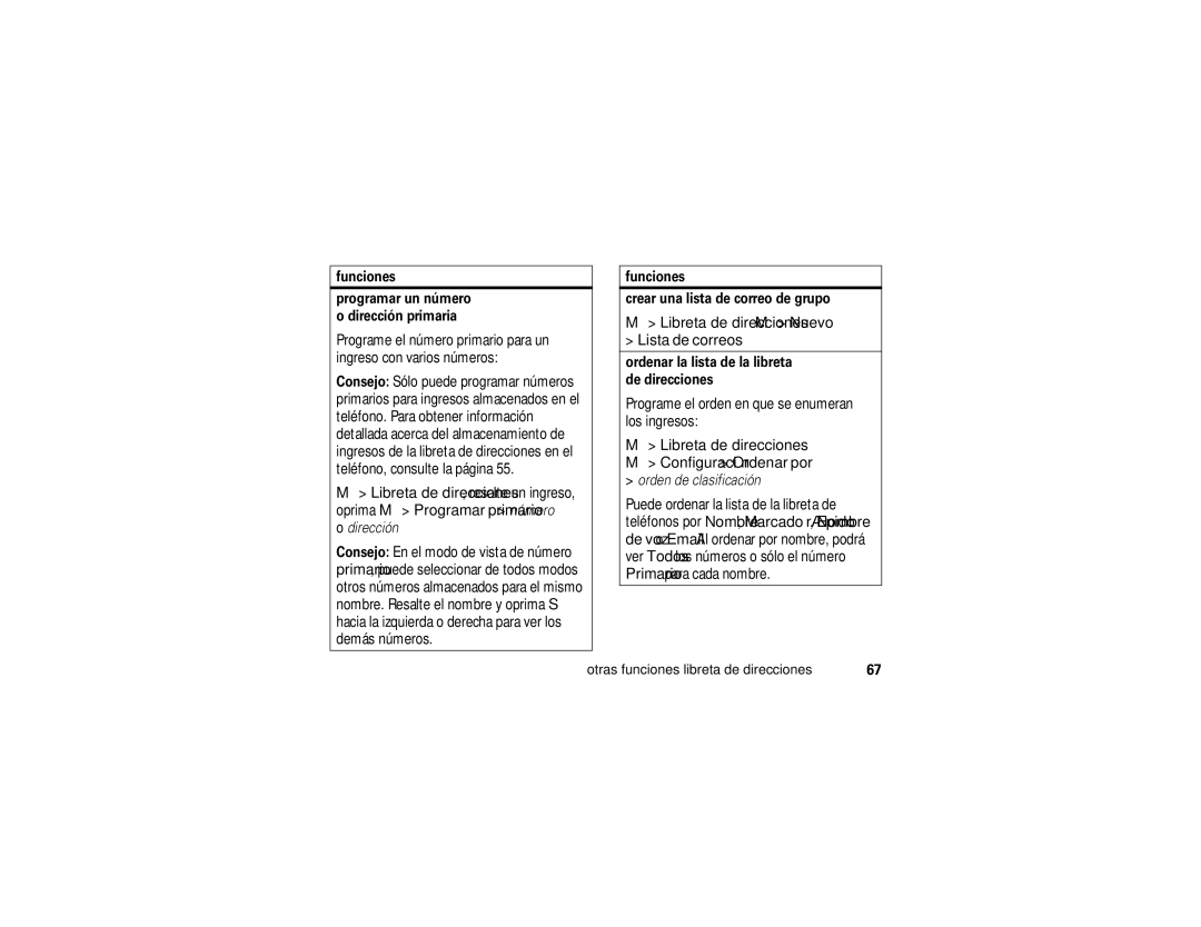 Motorola ROKR E1 user manual Lista de correos, Configuración Ordenar por, Oprima M Programar primario número 