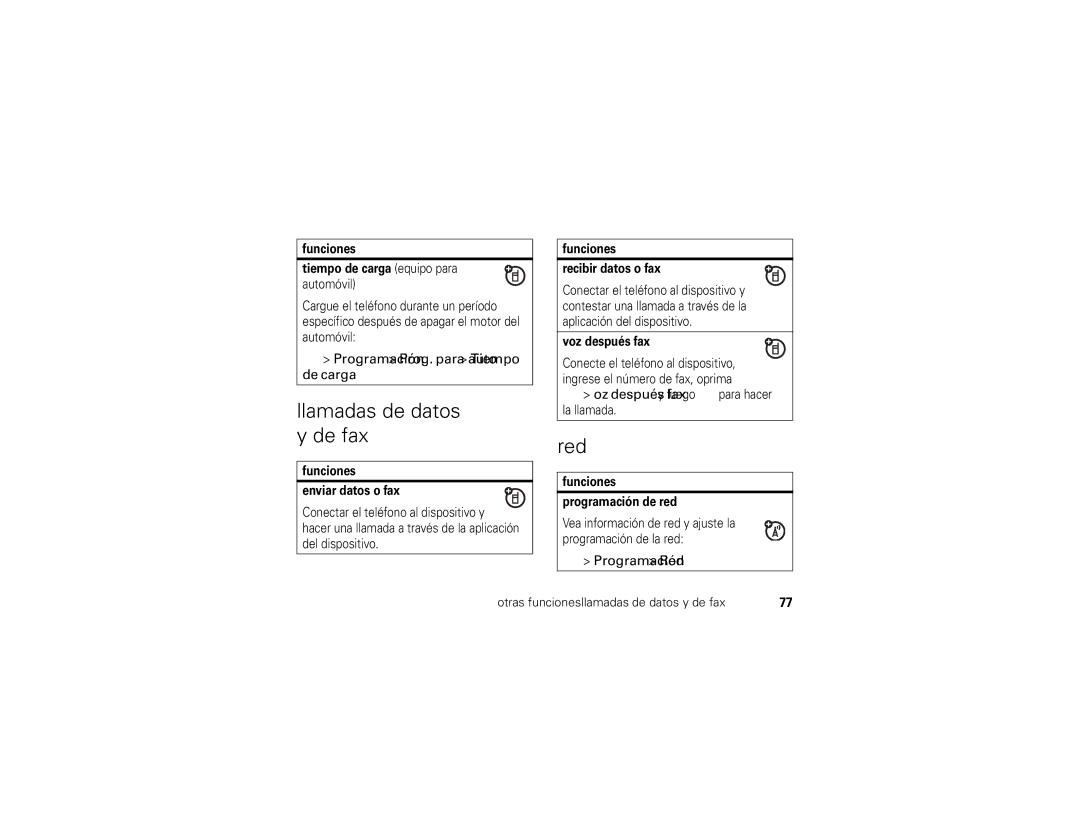 Motorola ROKR E1 user manual Llamadas de datos y de fax, Programación Prog. para auto Tiempo de carga, Programación Red 