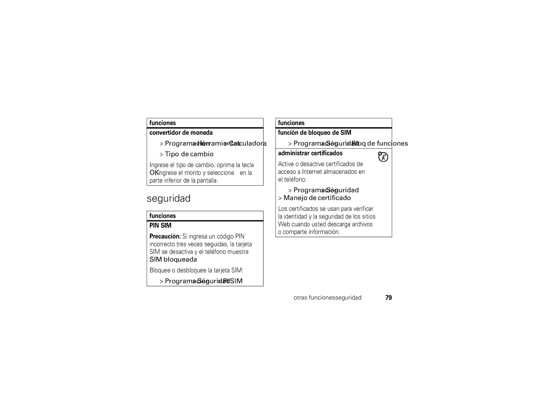 Motorola ROKR E1 Tipo de cambio, Programación Seguridad PIN SIM, Programación Seguridad Manejo de certificado 