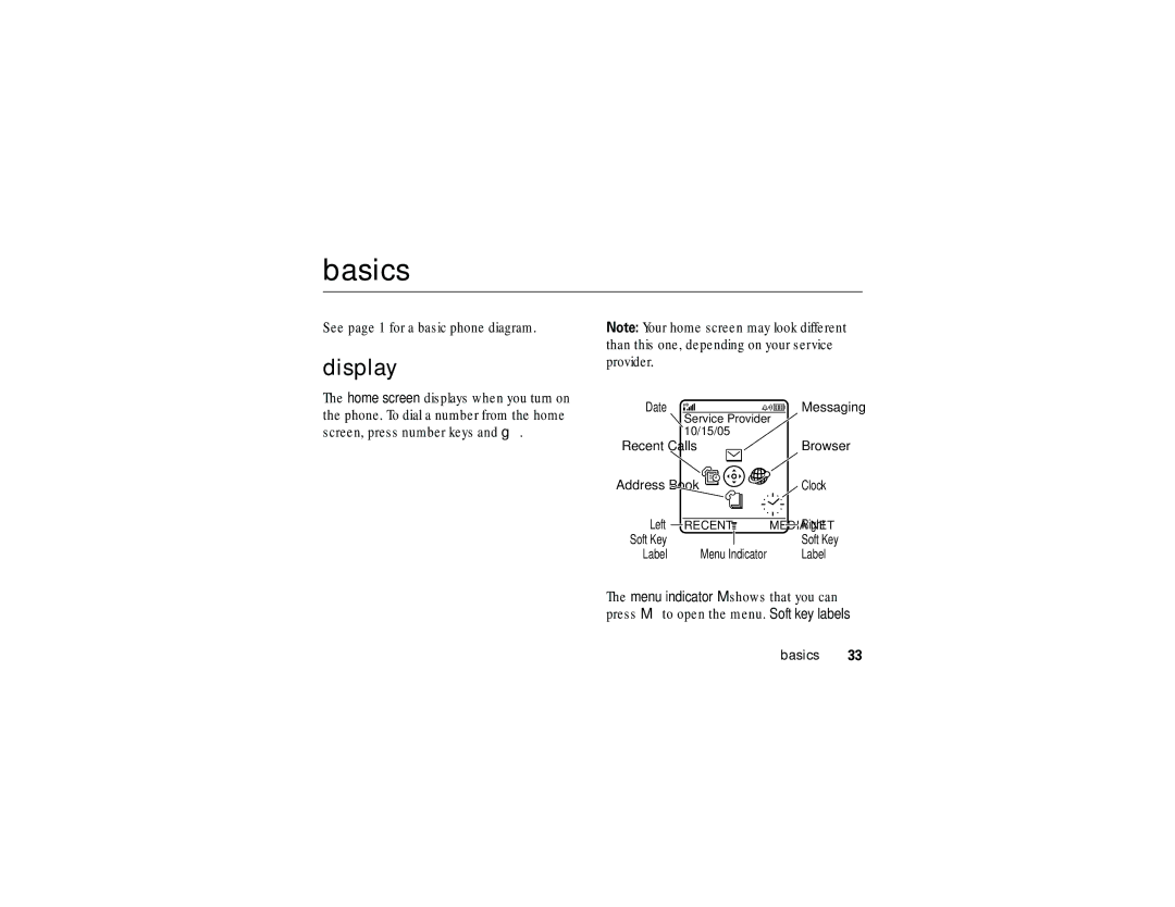 Motorola ROKR E1 user manual Basics, Display, See page 1 for a basic phone diagram, 10/15/05 