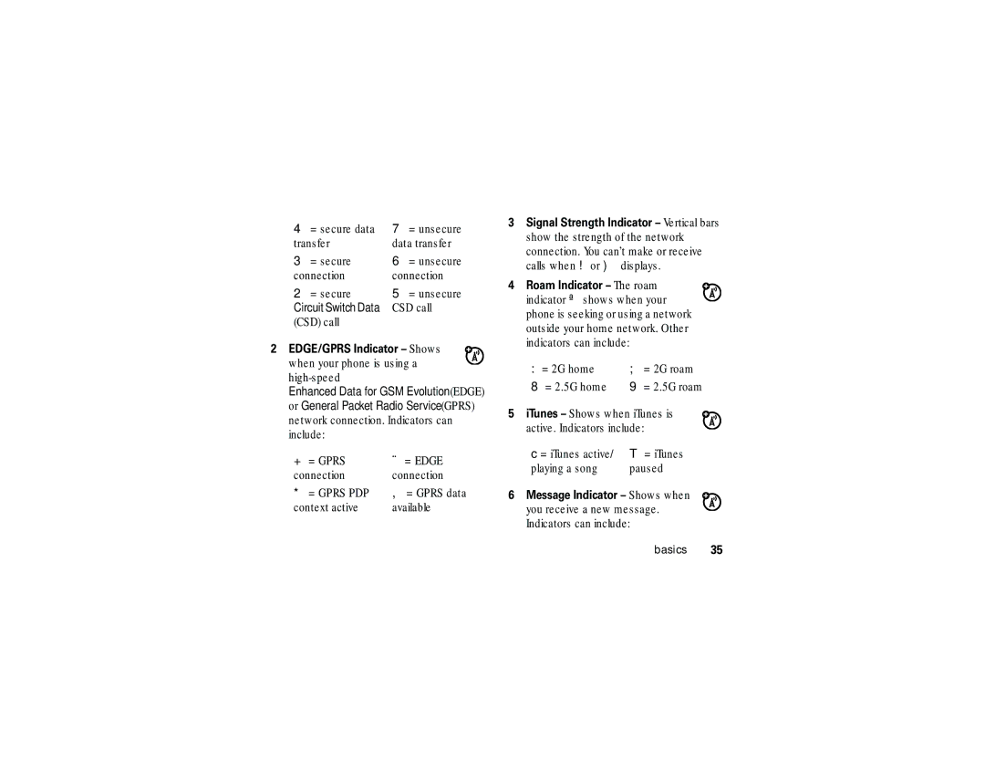 Motorola ROKR E1 user manual EDGE/GPRS Indicator Shows 