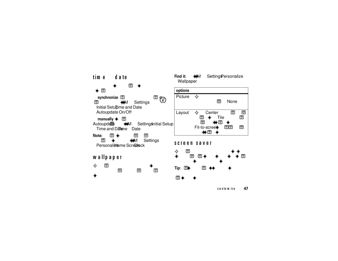 Motorola ROKR E1 user manual Time & date, Wallpaper, Screen saver 