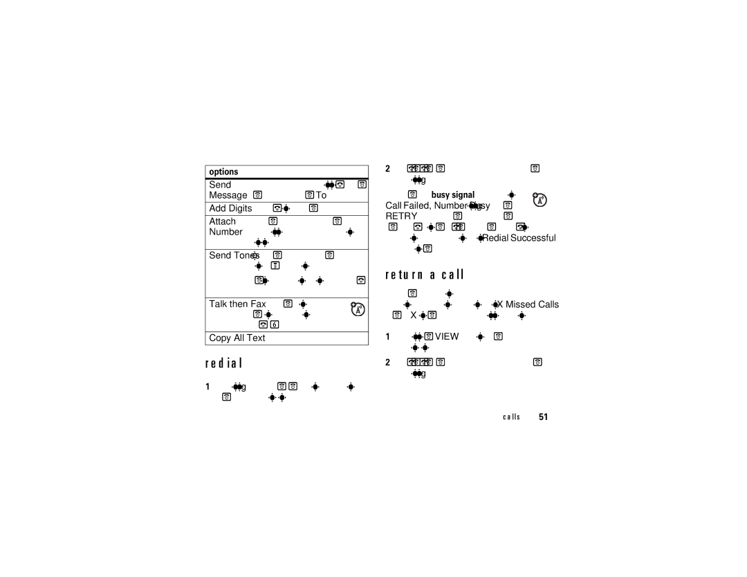 Motorola ROKR E1 user manual Redial, Return a call, Copy All Text Copy all text 