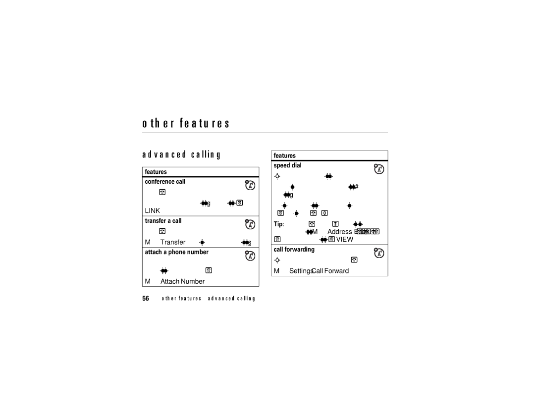 Motorola ROKR E1 user manual Advanced calling, Attach Number, Settings Call Forward, Other features-advanced calling 