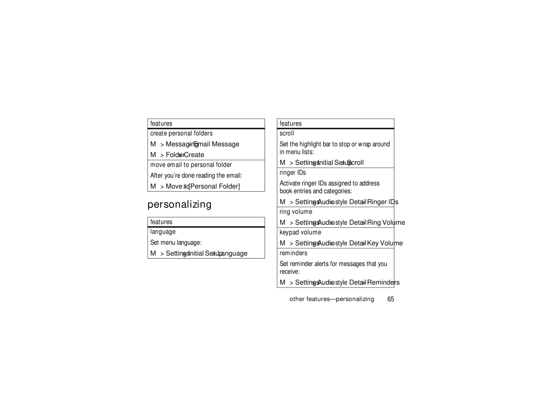 Motorola ROKR E1 user manual Personalizing, Messaging Email Message Folder Create, Move to Personal Folder 