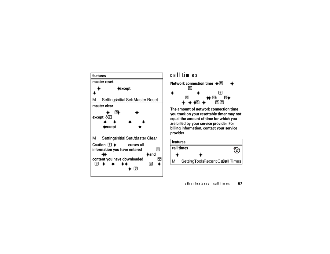 Motorola ROKR E1 user manual Call times, Settings Initial Setup Master Reset, Settings Initial Setup Master Clear 