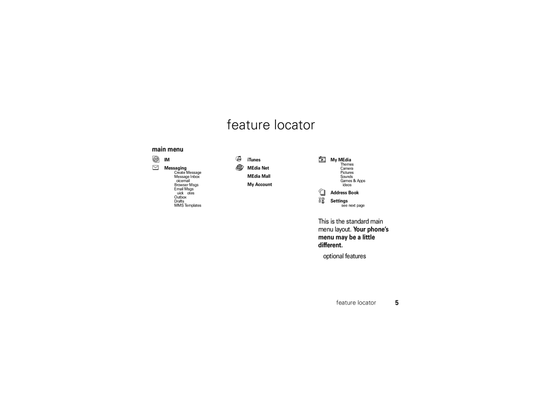 Motorola ROKR E1 user manual Feature locator, Main menu 