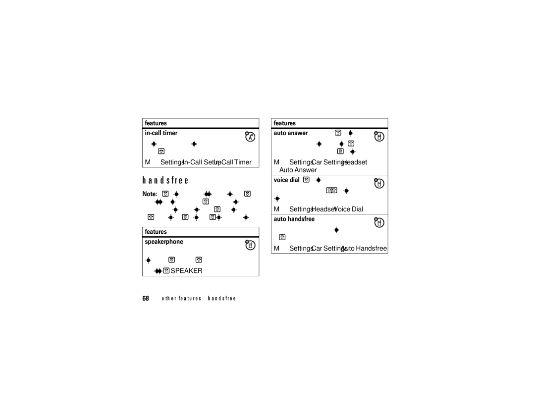 Motorola ROKR E1 user manual Handsfree, Settings In-Call Setup In-Call Timer, Settings Car Settings or Headset Auto Answer 