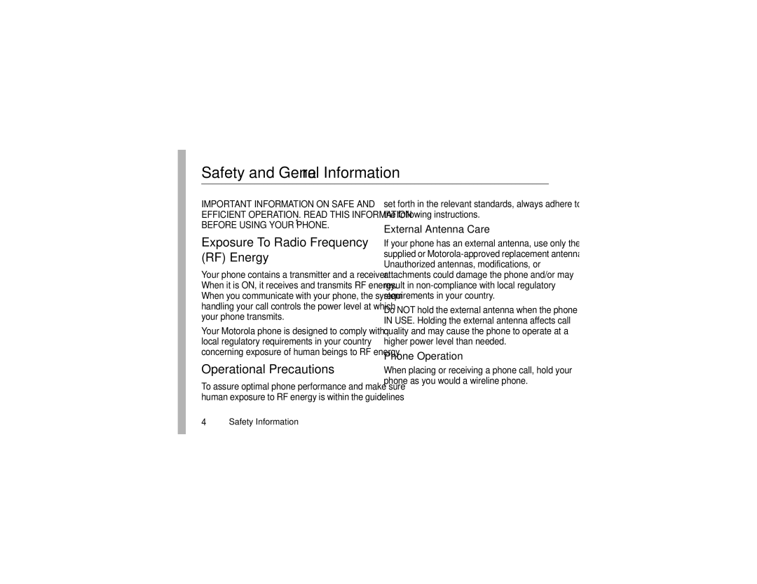 Motorola ROKR E1 user manual Exposure To Radio Frequency RF Energy, Operational Precautions, Safety Information 