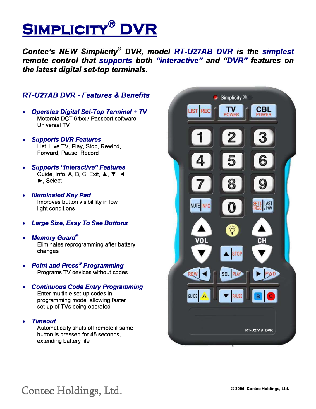 Motorola manual Simplicity→ DVR, RT-U27AB DVR - Features & Benefits, Operates Digital Set-Top Terminal + TV, Timeout 