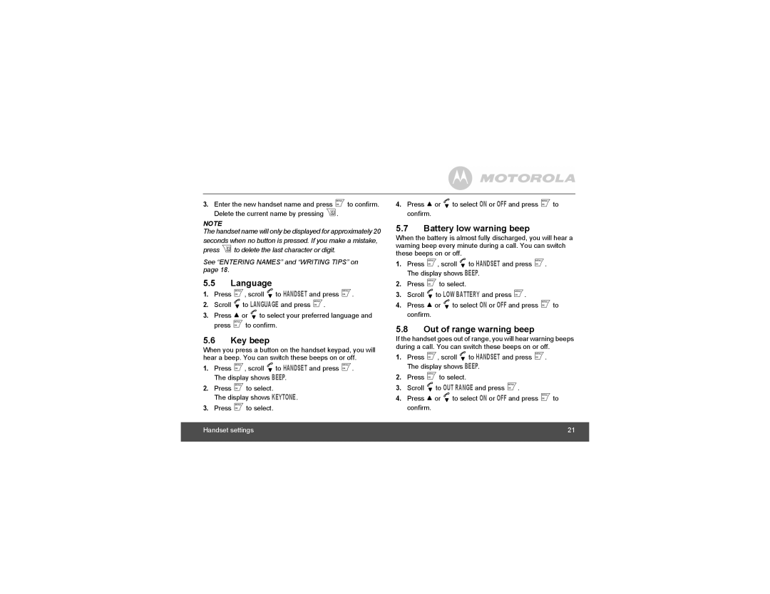 Motorola S1201, S1204, S1202, S1203 manual Language, Key beep, Battery low warning beep, Out of range warning beep 