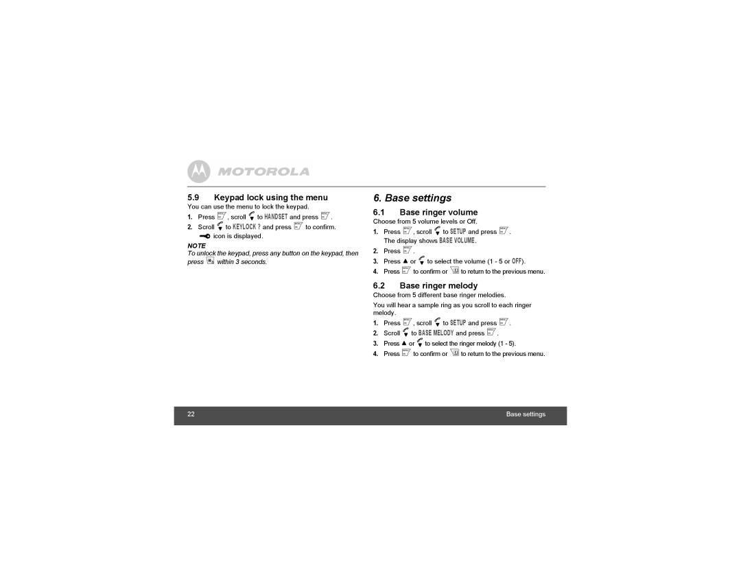 Motorola S1202, S1204, S1201, S1203 manual Base settings, Keypad lock using the menu, Base ringer volume, Base ringer melody 