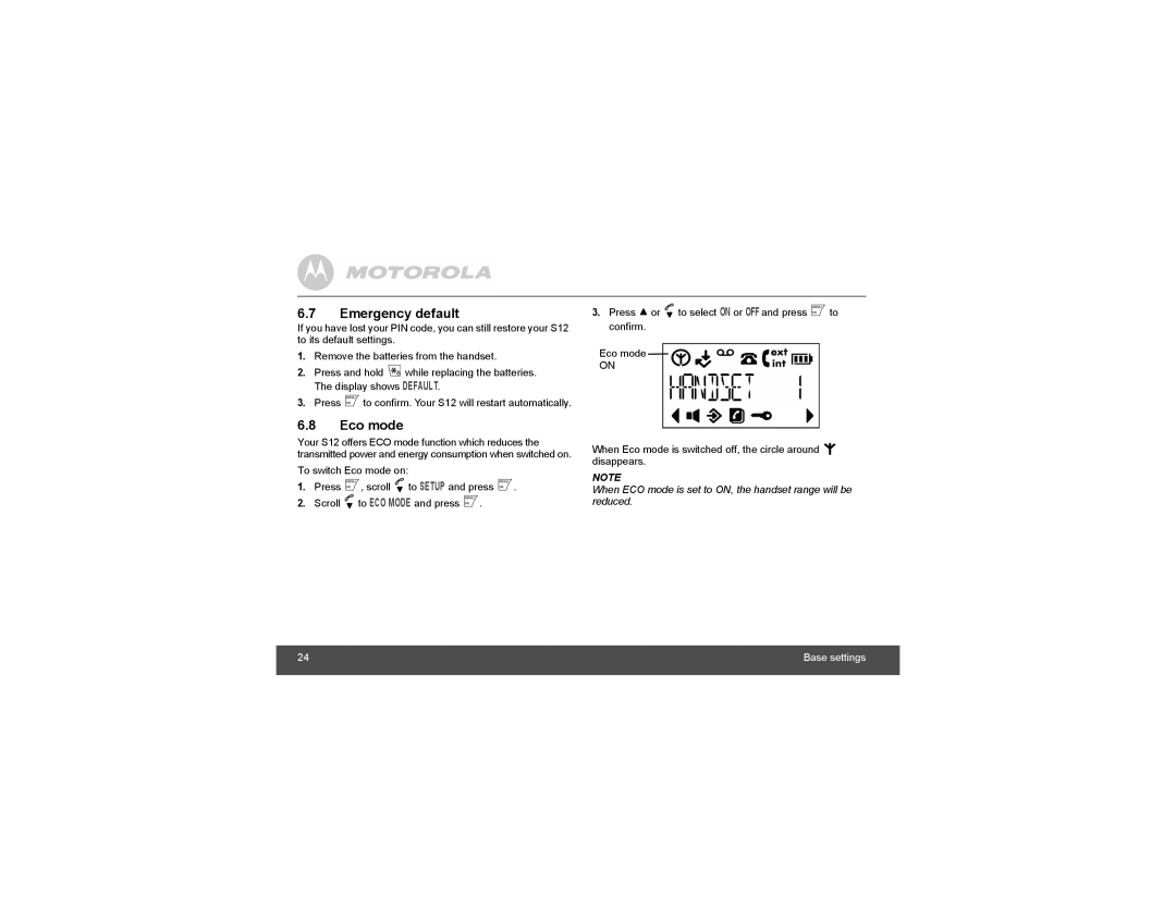 Motorola S1204, S1201, S1202, S1203 manual Emergency default, Eco mode 