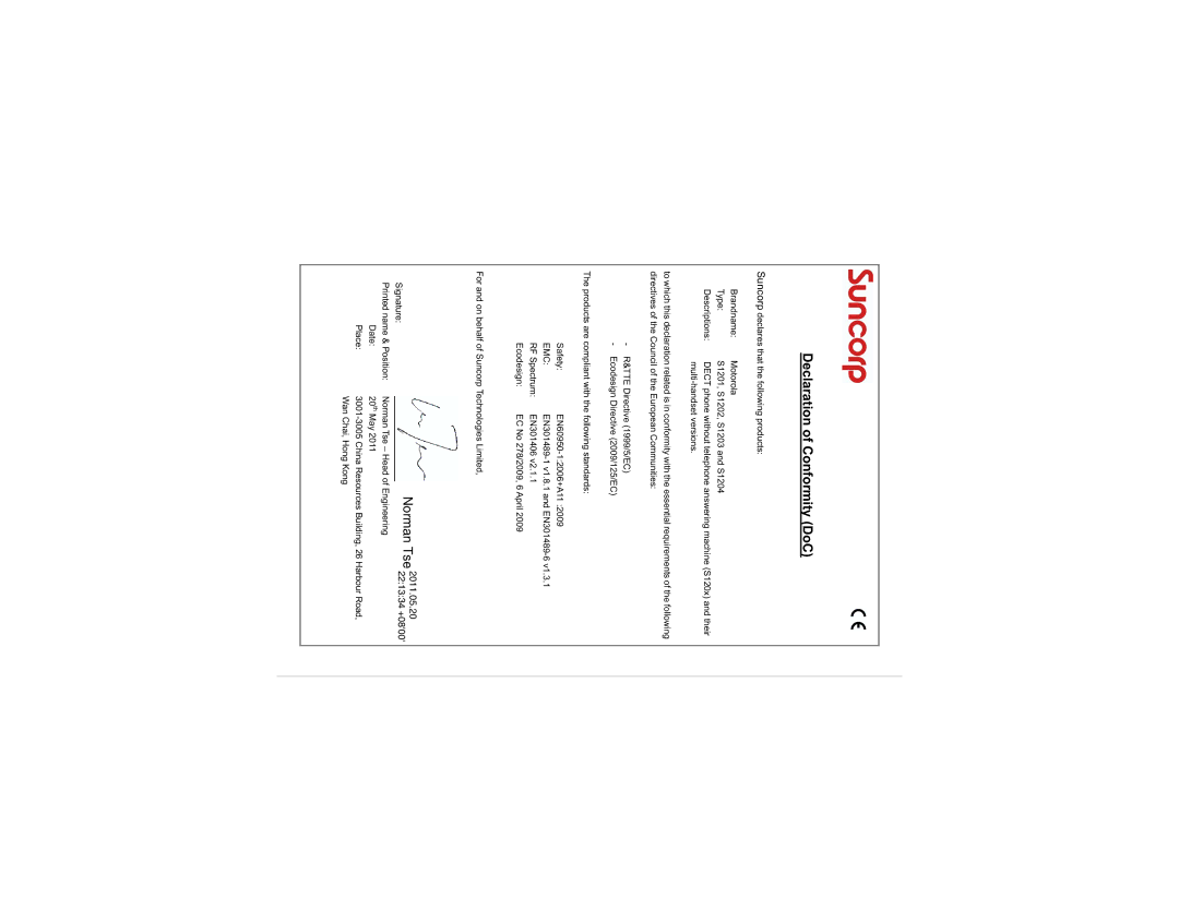 Motorola S1202, S1204, S1201, S1203 manual Declaration of Conformity DoC, Emc 