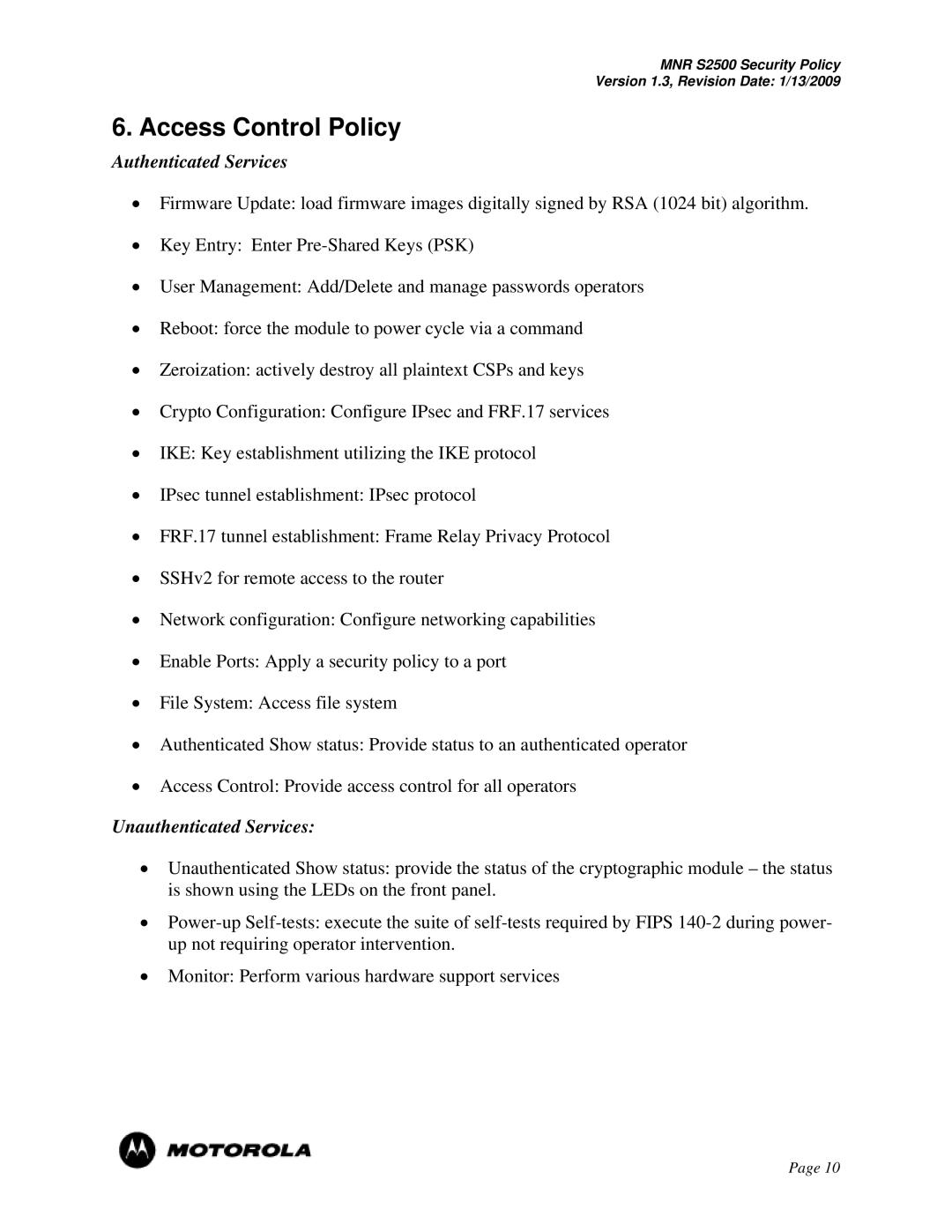 Motorola S2500 manual Access Control Policy, Authenticated Services, Unauthenticated Services 
