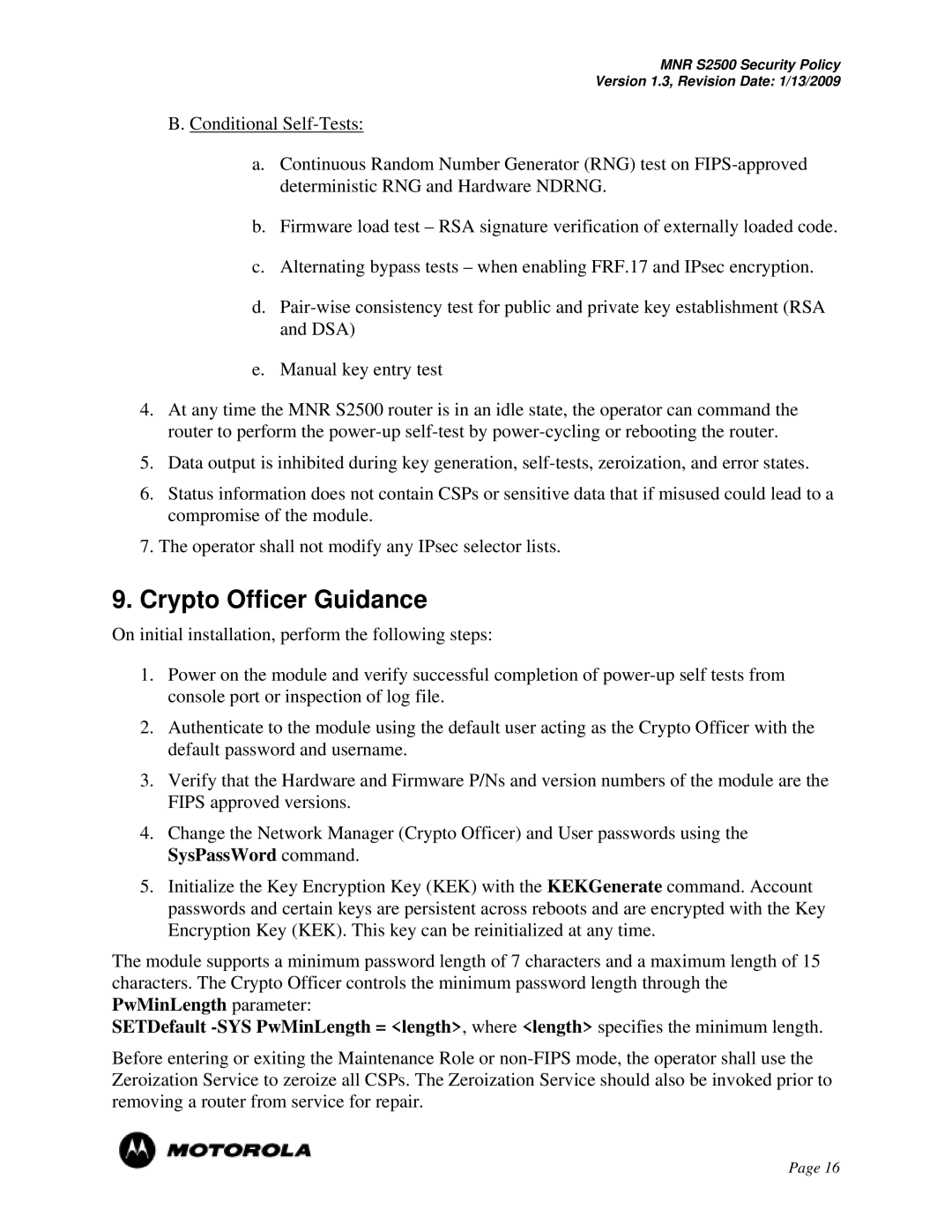 Motorola S2500 manual Crypto Officer Guidance 