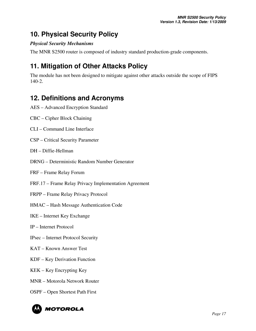 Motorola S2500 manual Physical Security Policy, Mitigation of Other Attacks Policy, Definitions and Acronyms 