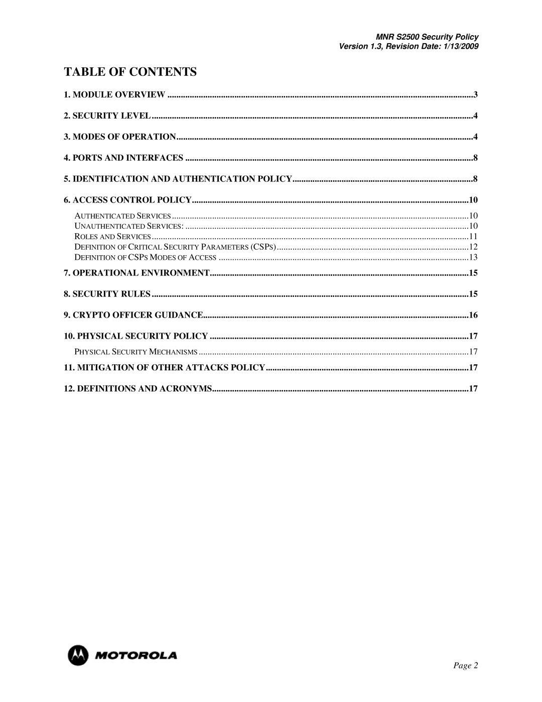 Motorola S2500 manual Table of Contents 