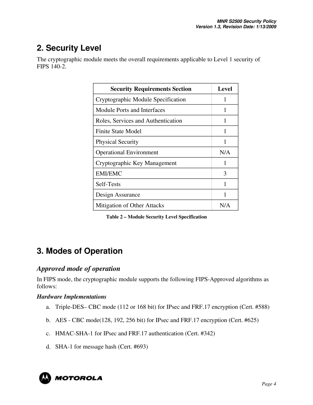 Motorola S2500 manual Security Level, Modes of Operation, Hardware Implementations 