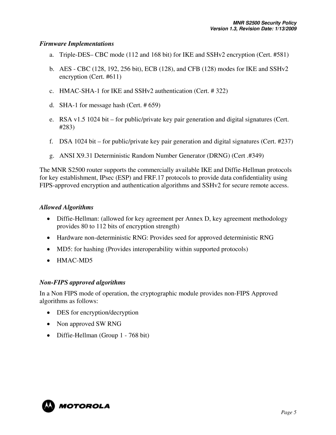 Motorola S2500 manual Firmware Implementations, Allowed Algorithms, Non-FIPS approved algorithms 