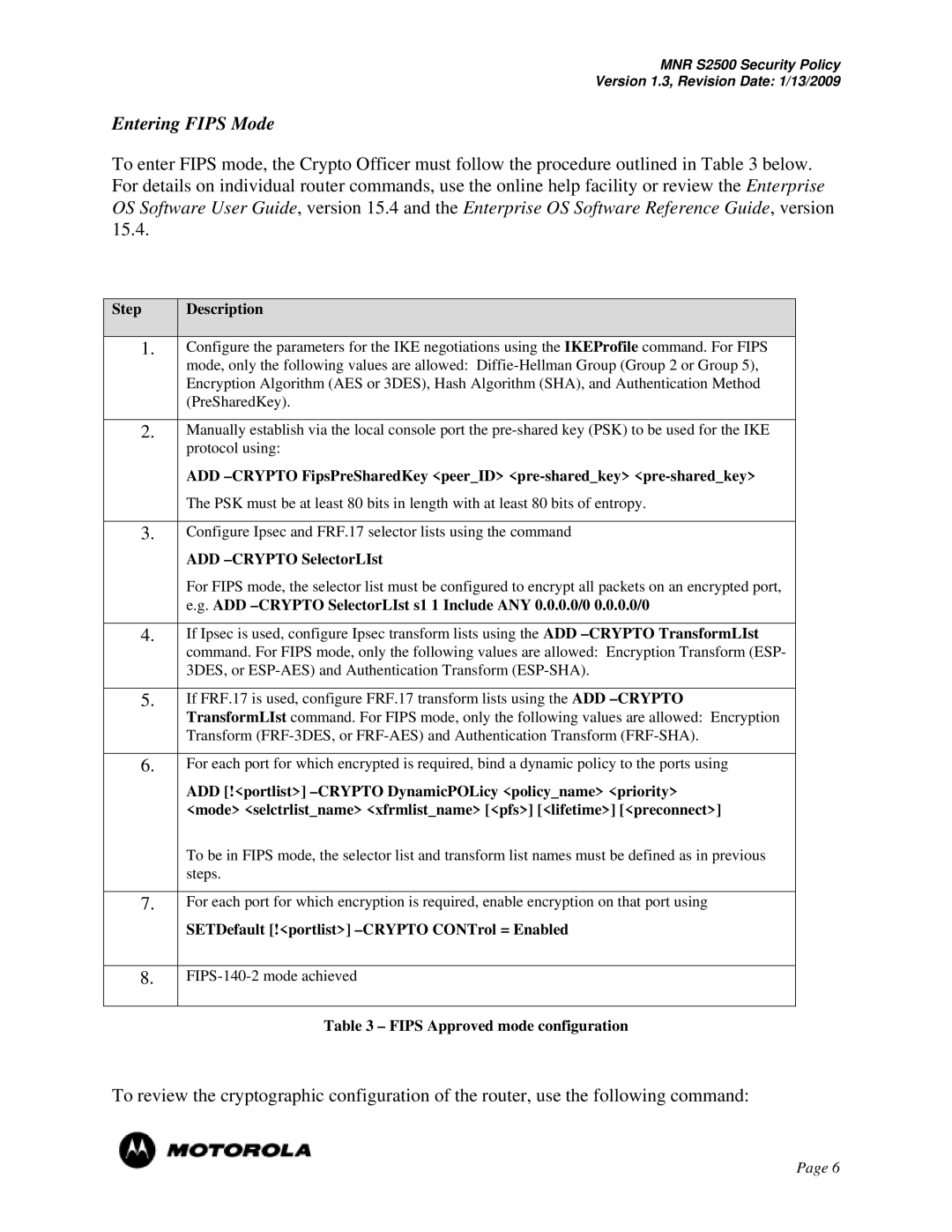 Motorola S2500 manual Entering Fips Mode, Step Description 