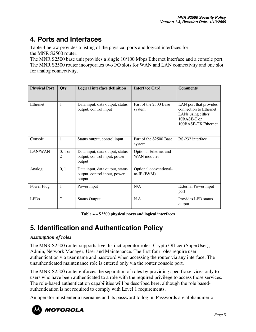 Motorola S2500 manual Ports and Interfaces, Identification and Authentication Policy, Assumption of roles 