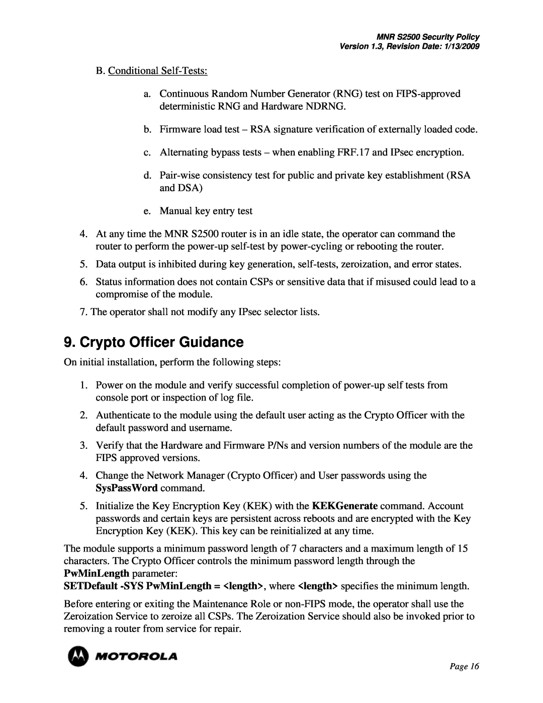 Motorola S2500 manual Crypto Officer Guidance 
