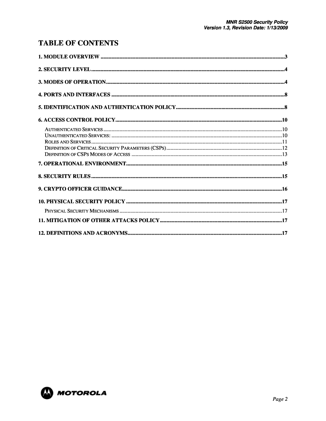 Motorola manual Table Of Contents, Page, MNR S2500 Security Policy, Version 1.3, Revision Date 1/13/2009 