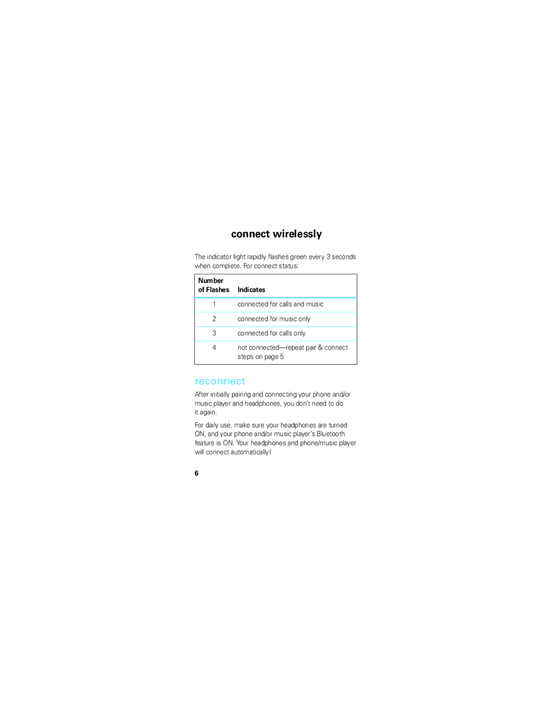 Motorola S305 manual Reconnect, Number Flashes Indicates 