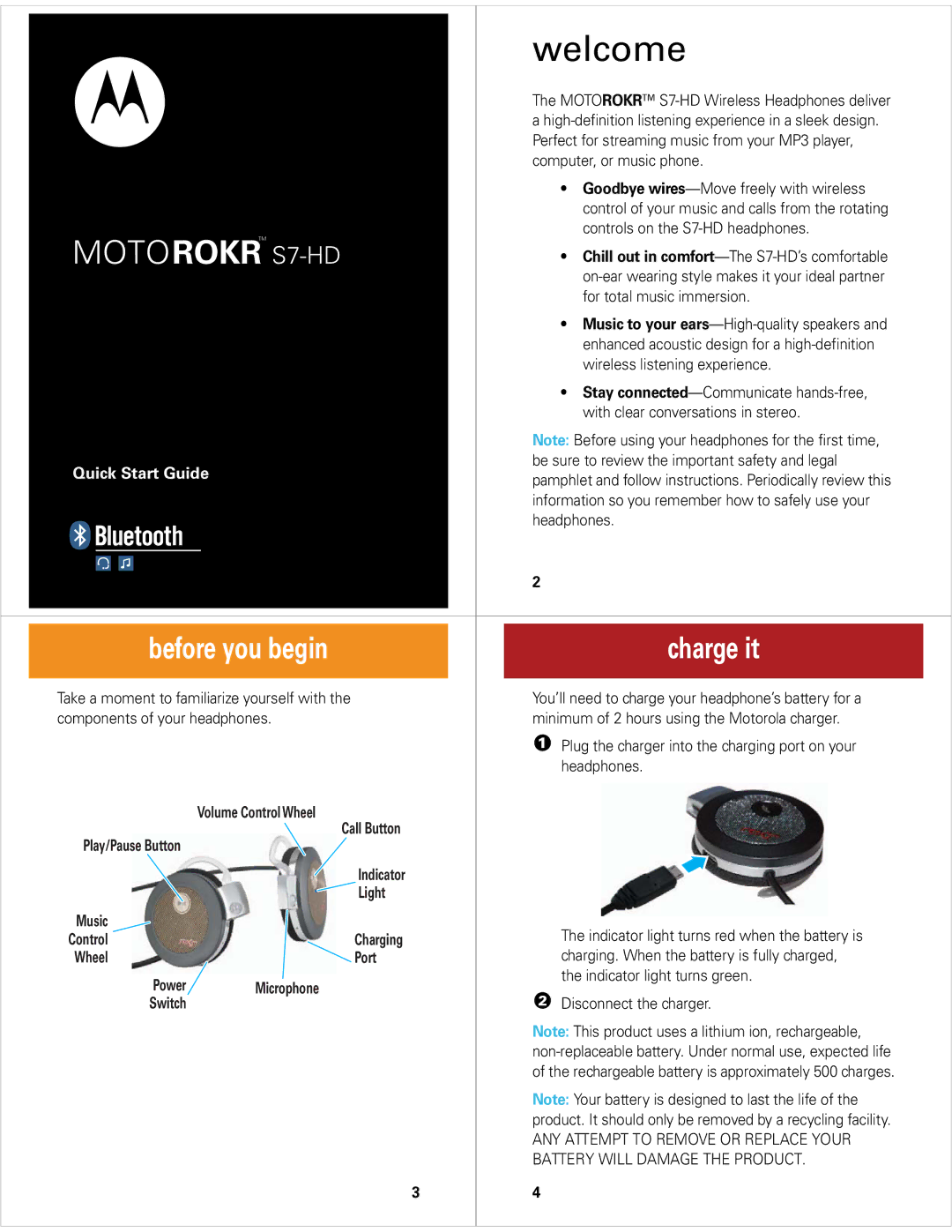 Motorola S7-HD quick start Before you begin Charge it, Control Charging Wheel Port, Power Microphone, Switch 