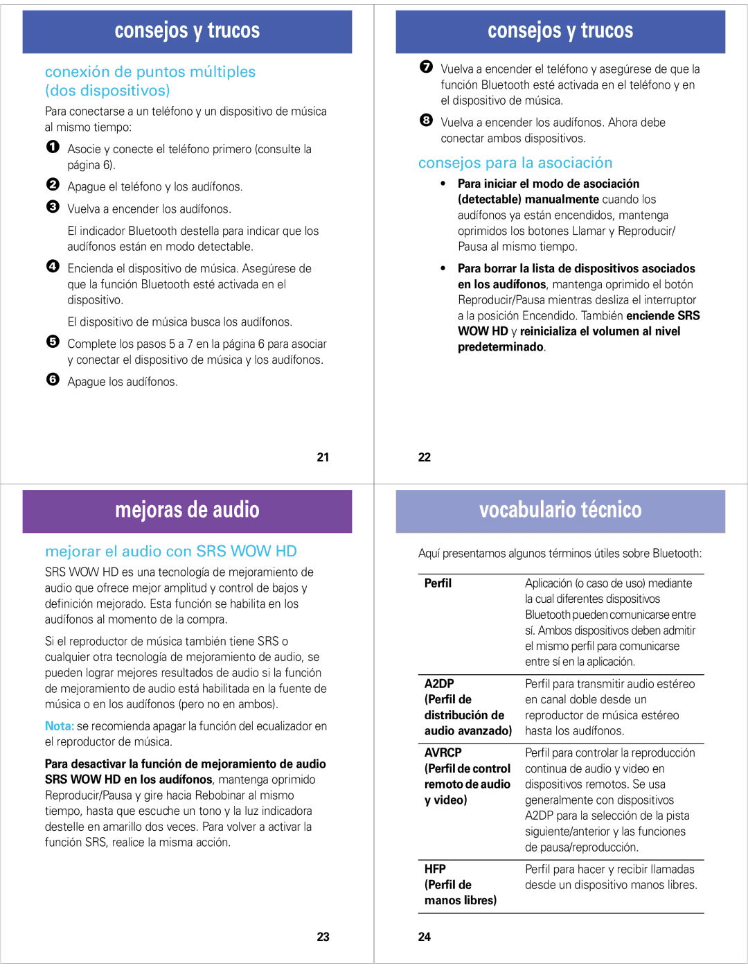 Motorola S7-HD quick start Consejos y trucos, Mejoras de audio Vocabulario técnico 