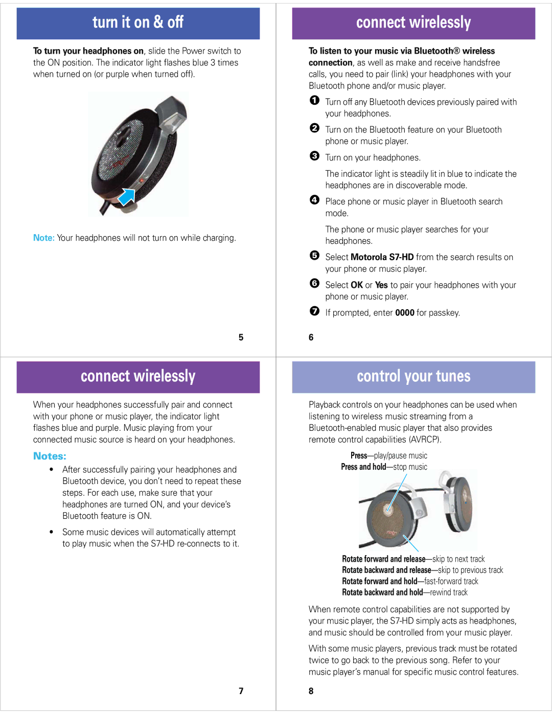 Motorola S7-HD quick start Turn it on & off Connect wirelessly, Connect wirelessly Control your tunes 