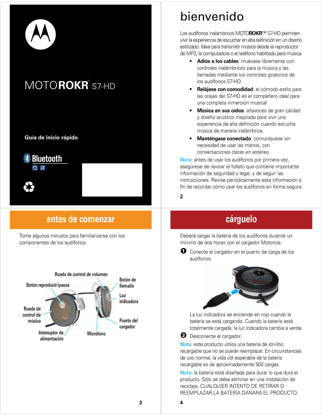 Motorola S7-HD Cárguelo, Botón de, Llamada Luz Indicadora Rueda de, Control de Puerto del Música, Micrófono Cargador 