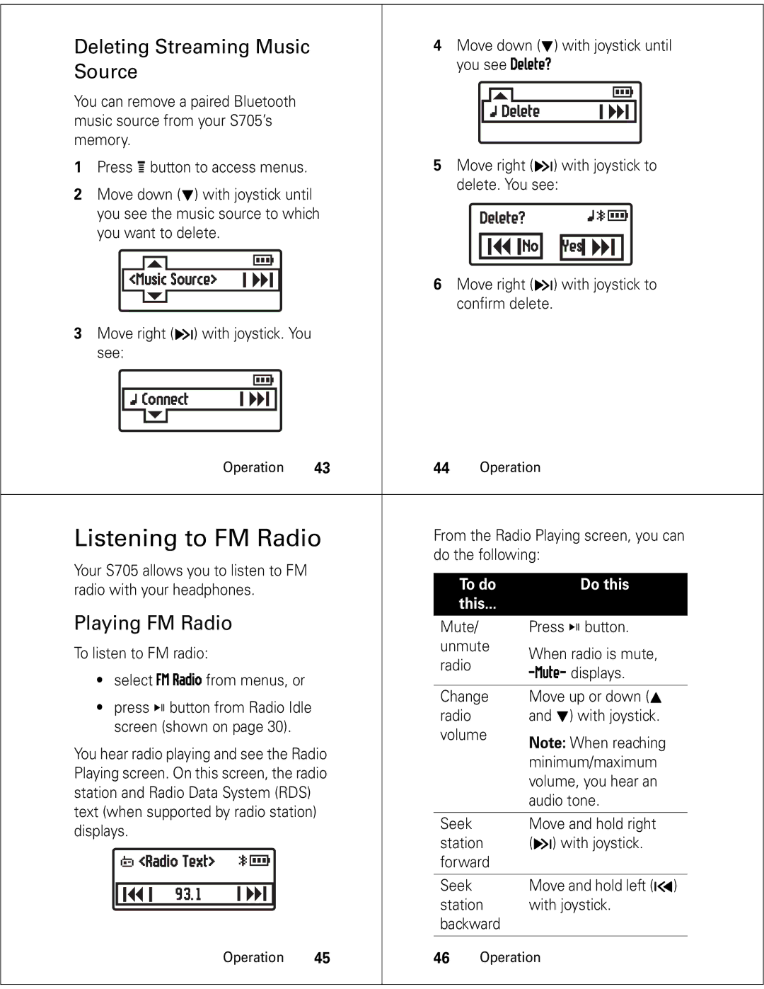 Motorola S705 quick start Listening to FM Radio, Deleting Streaming Music, Playing FM Radio 