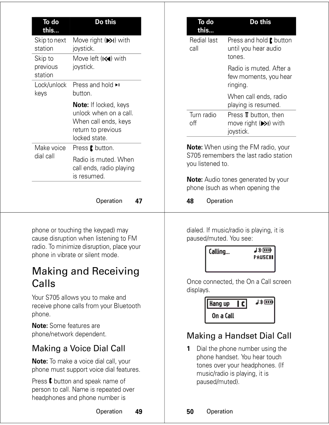 Motorola S705 quick start Making and Receiving Calls, Making a Handset Dial Call, Making a Voice Dial Call 